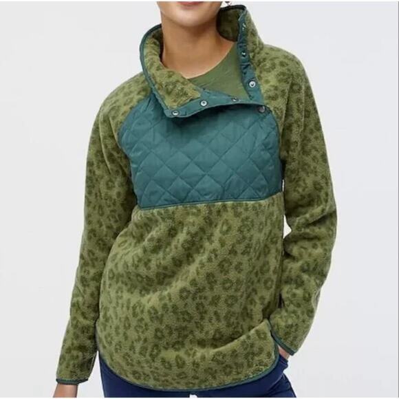 J.Crew Quilted Button-Neck‎ Sherpa Tunic Fleece Pullover Green Leopard Print, M - Picture 1 of 10
